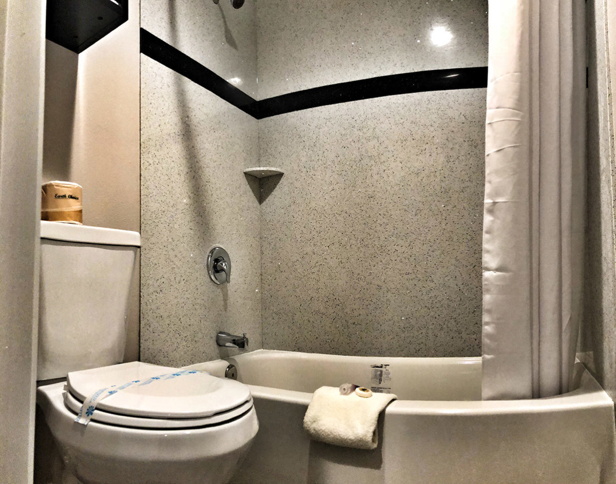 Hotel bathroom with shower and toilet