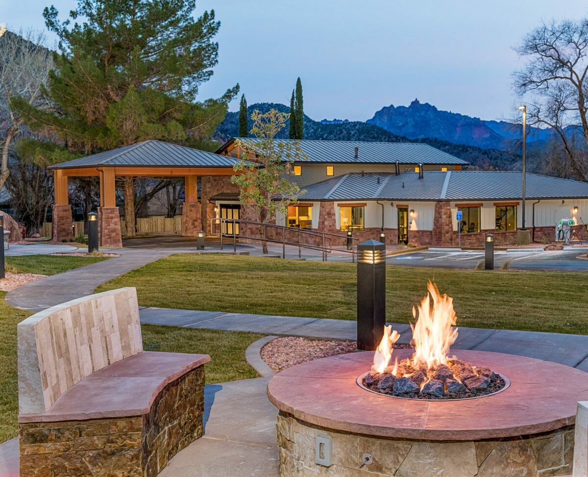 Fire pit outside mountain resort