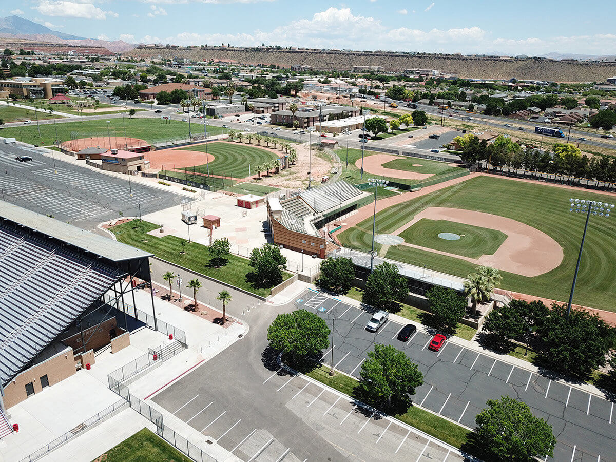 Aerial view of multiple baseball fields