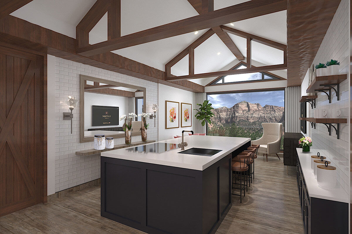 Kitchen and dining area with large island and stool seating