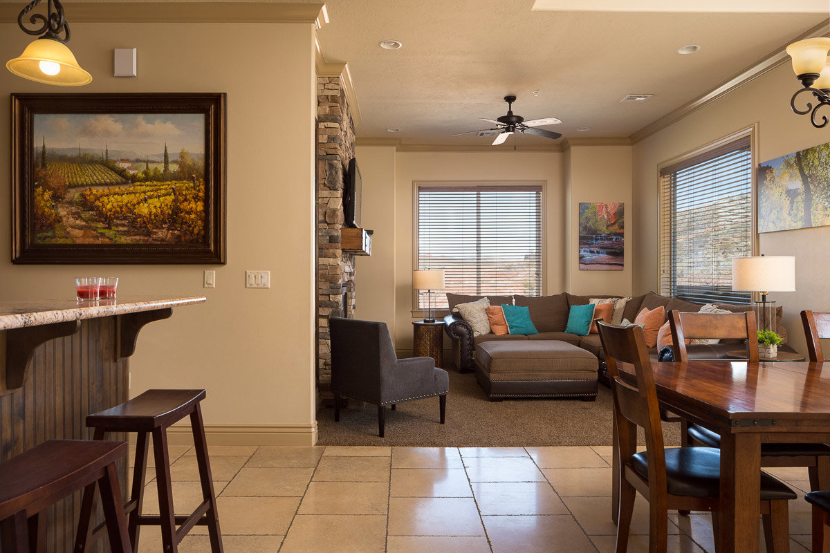 View of hotel living room from dining/kitchen area