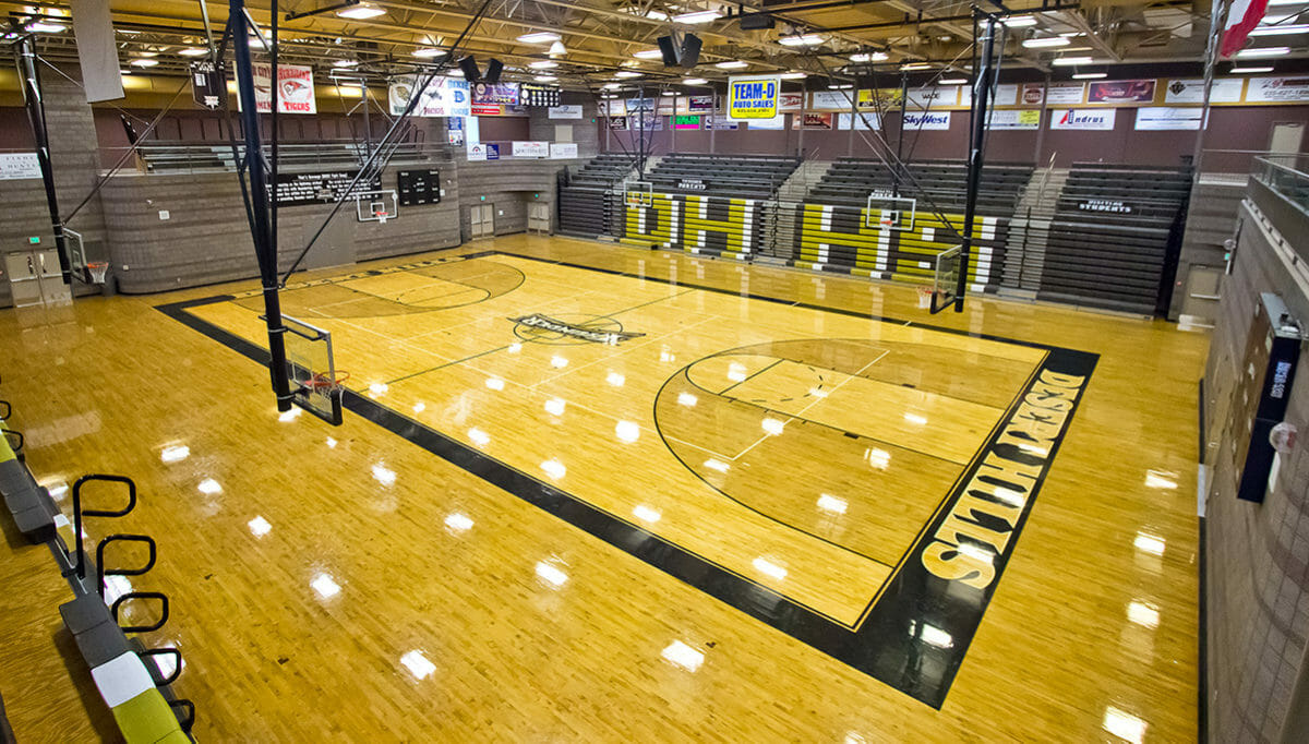 Aerial view of indoor basketball court
