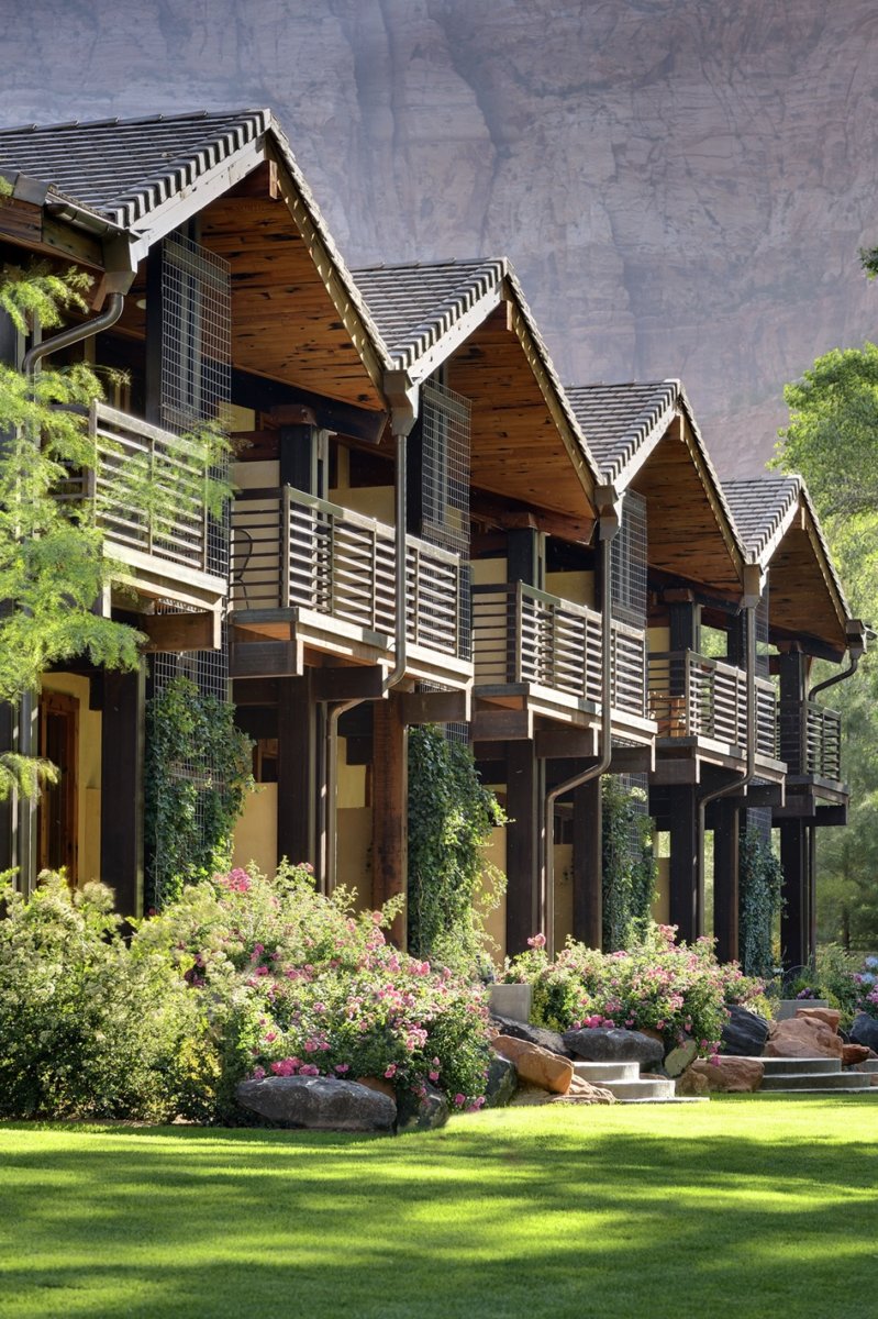 Row of mountain hotel buildings