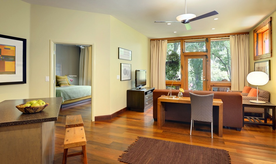 Open floor plan of hotel suite