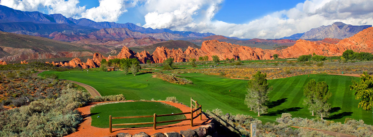 Panoramic view of desert golf course