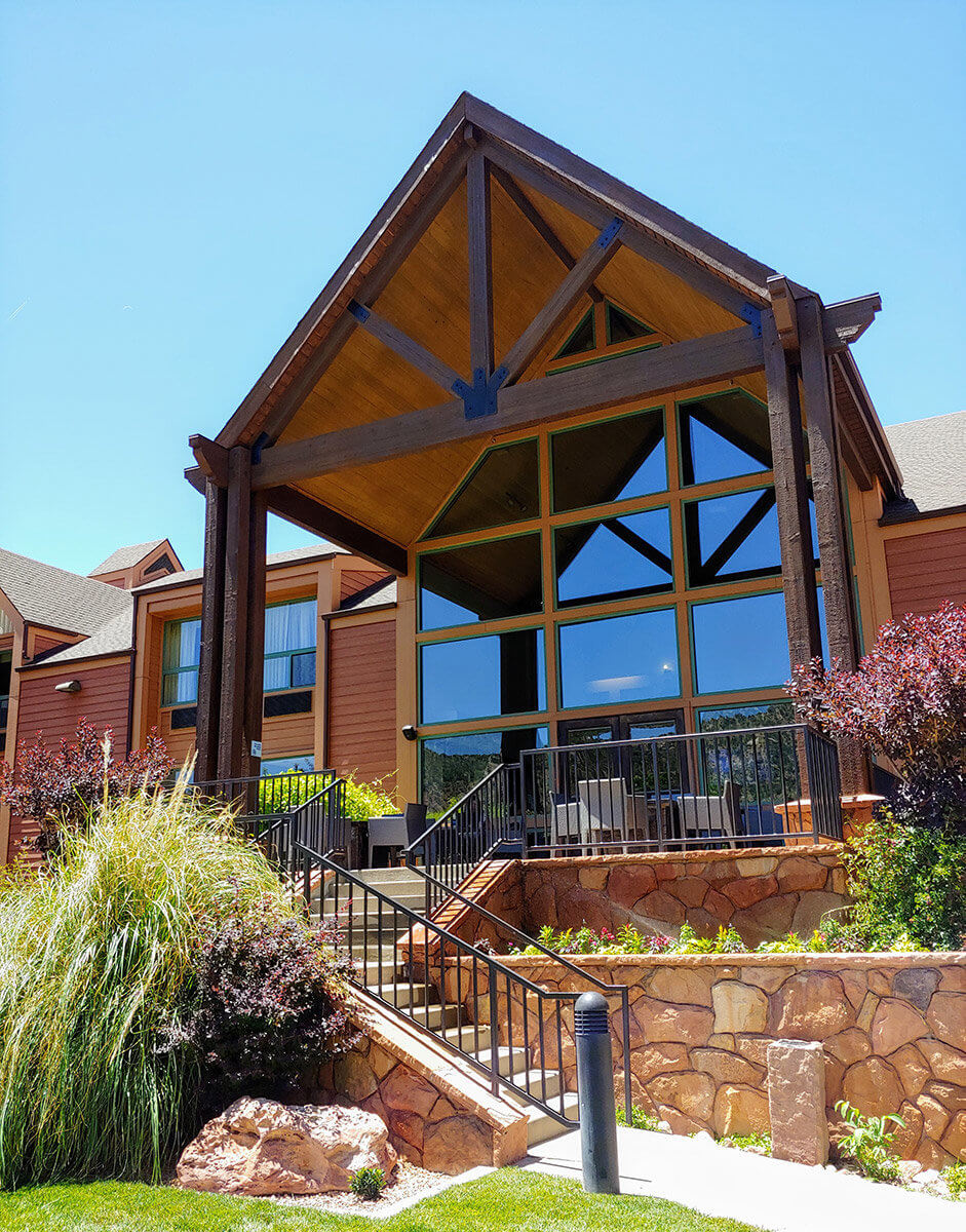 Rear entrance of mountain lodge