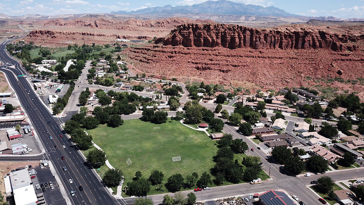 Aerial view of small park in desert town