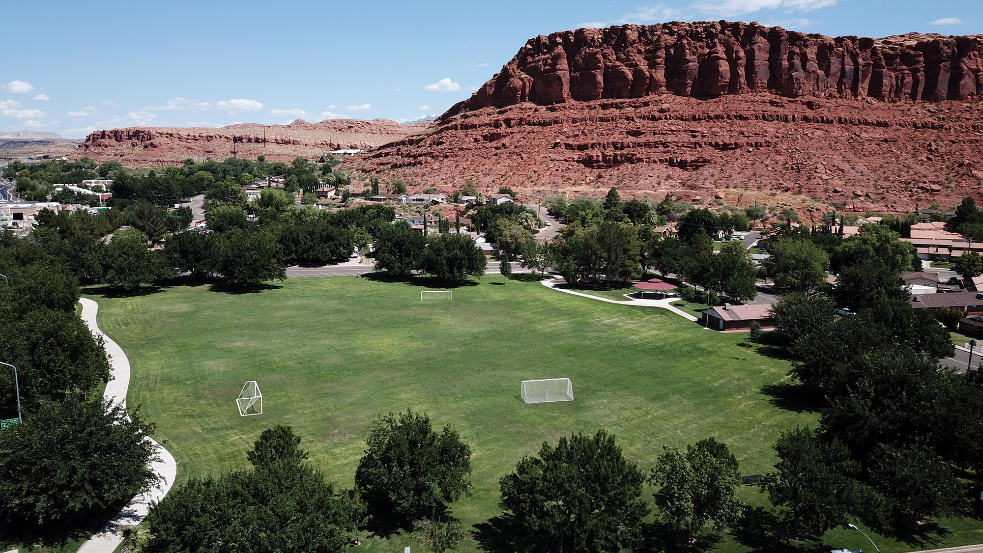 Aerial view of small park in desert town
