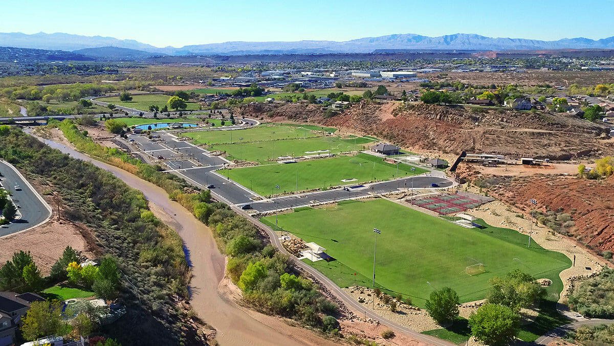 Aerial view of park with soccer fields