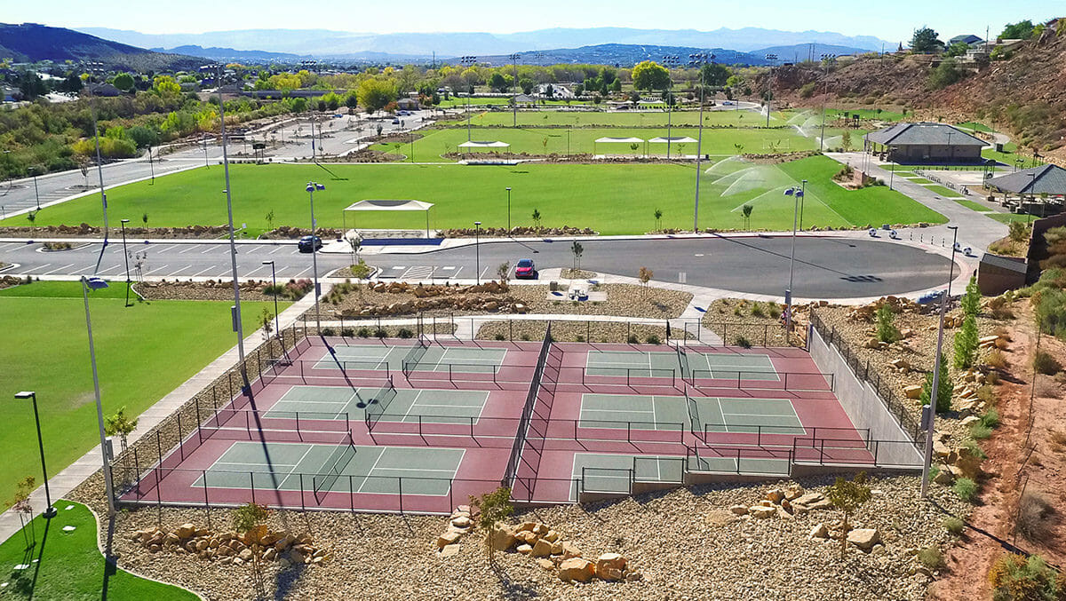 Aerial view of pickleball courts at park