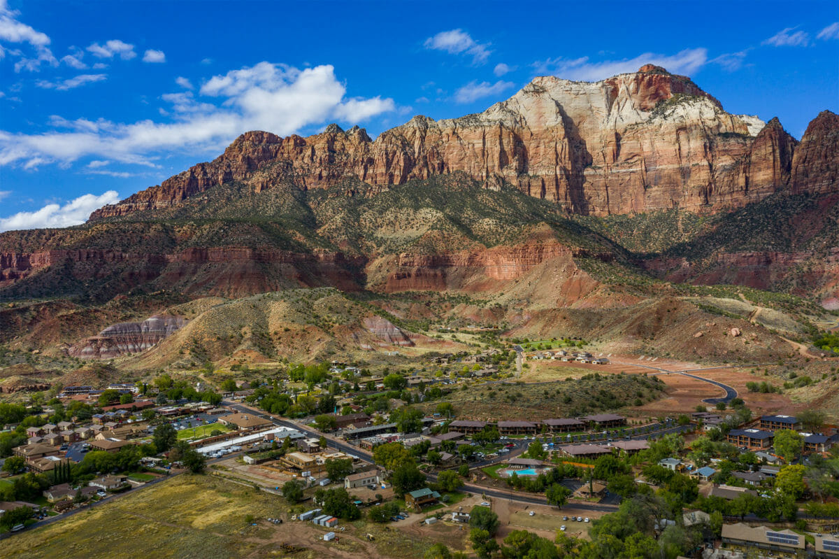 Aerial view of the town of Springdale, Utah