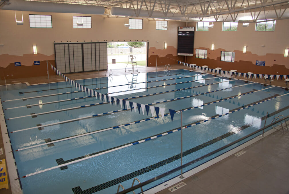 Aerial view of pool with 8 lanes