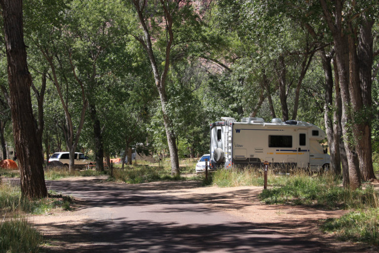 Mountain campground with RV and pine trees